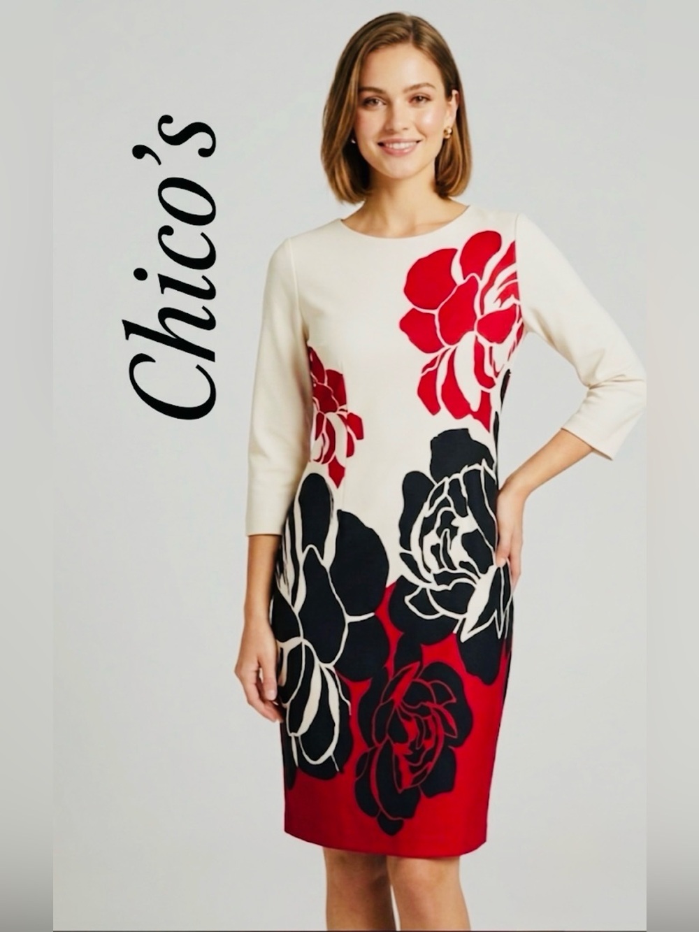 Chico's Floral Sheath Dress Size 1 (US M/8) Red Black Cream 3/4 Sleeve Knit